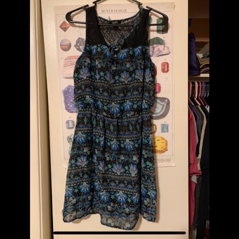Patterned blue and black dress. Mesh top